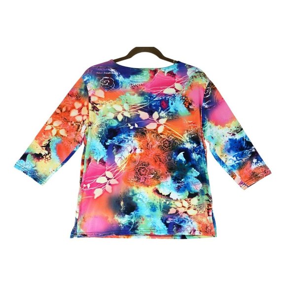 Valentina Artsy Multicolor Knit Top Shirt Blouse Rhinestones Size M Floral Print - Picture 2 of 8